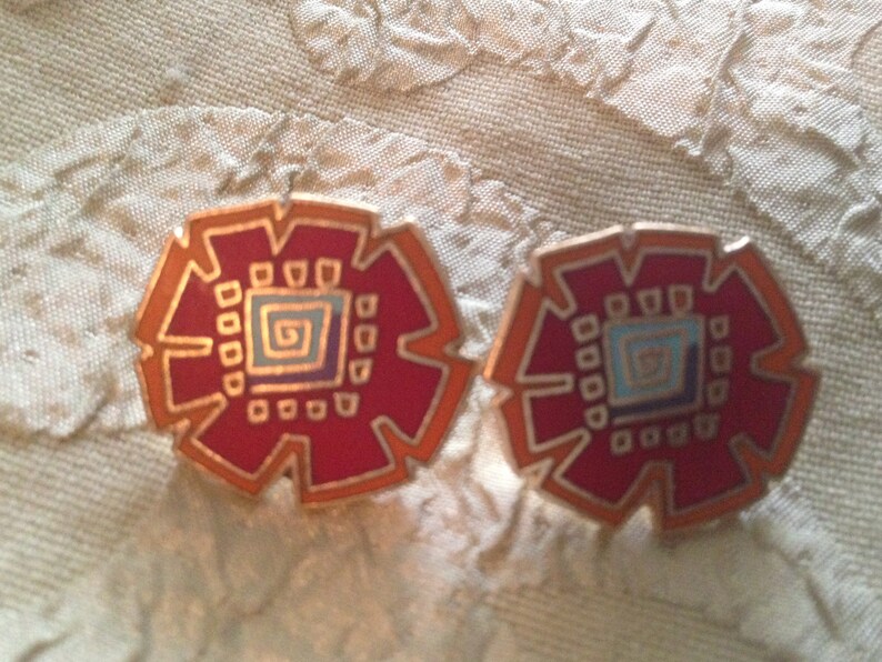 Laurel Burch Post Earrings AKIKO Cloisonn\u00e9 RARE Art Jewelry Vintage Piece Signed Red Orange Teal Purple Gold