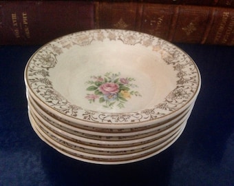 American Limoges ROSALIE Triumph 6 Dessert Bowls Side Dishes 5.25" Gorgeous Gold Trim 1940s WWII