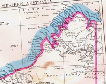 Western Australia Map Antique Copper Engraving Cartography 1892  Vintage Victorian Geography Bright Color