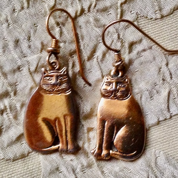 Laurel Burch Earrings GOLDEN CAT Polished Brass Dangle French Ear Wires Vintage Jewelry 1980s Gold