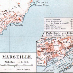 Marseille Frankreich Stadtkarte 1903 Vintage Edwardian Stahlstich Europäische Kartographie zum Rahmen
