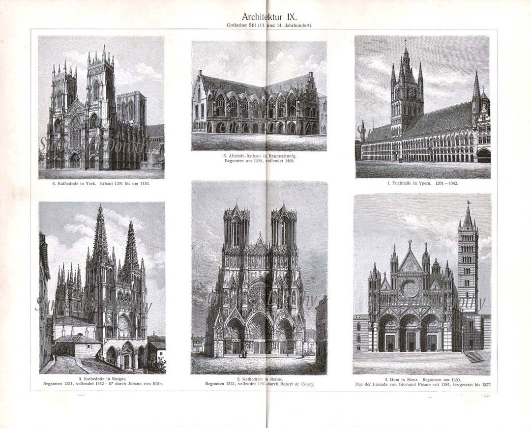 European Gothic Architecture Cathedral Church Vintage 1906 Germany Print  Edwardian Steel Engraved Chart to Frame Black & White -  Canada