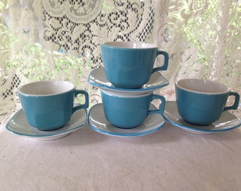 Mayer China Cup Saucer Set 4 Turquoise White Mid Century Vintage Heavy Restaurant China 1960s Beaver Falls PA USA