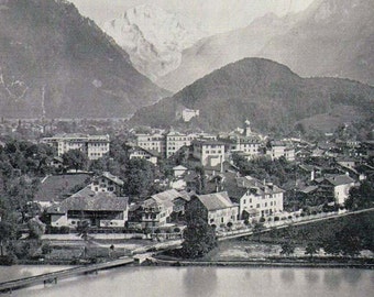 Interlaken Jungfrau Switzerland Vintage Victorian Landscape Architecture 1890 Black & White Rotogravure Photo Illustration To Frame