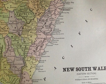New South Wales Australia Map Antique Copper Engraved North American Cartography 1880 Victorian Geography Art To Frame
