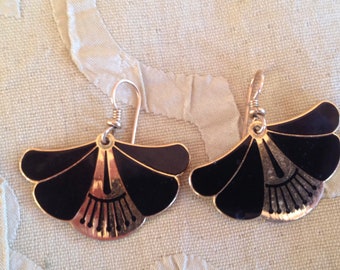 Laurel Burch Earrings BLACK DECO FANS Brass Cloisonne Dangle French Ear Wires Vintage Jewelry 1980s