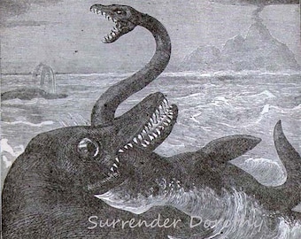 Plesiosaurus Ichthyosaurus Mortal Combat 1887 Victorian Dinosaurs Paleontology Natural History Engraving Black & White