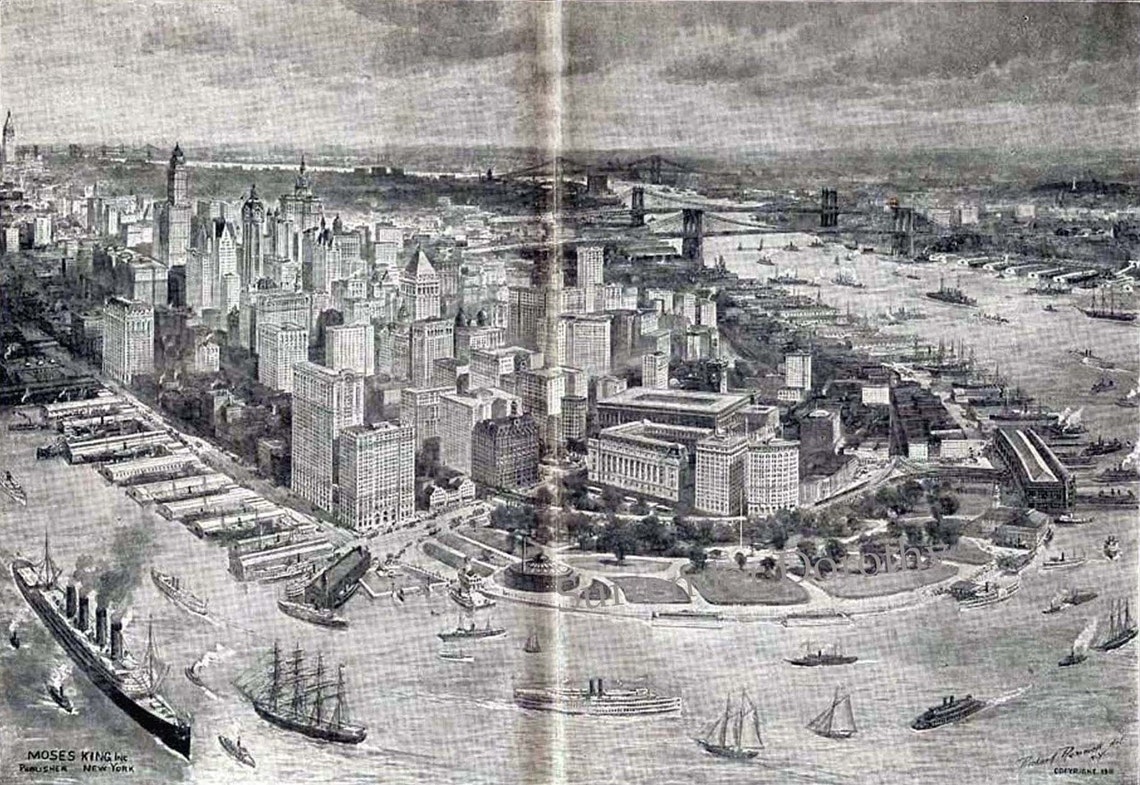 Richard Rummel Lower Manhattan Bird's Eye View Richard Rummel 1911 Signed Titanic ...
