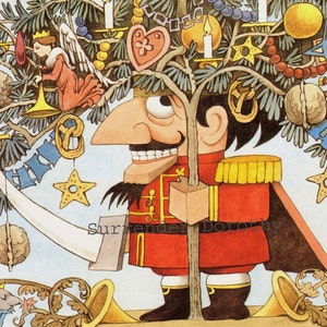 May include: A whimsical illustration of a nutcracker soldier in a red uniform, holding a sword and a small tree. The background features a decorated Christmas tree with ornaments, candles, and stars. The image has a vintage, storybook style.