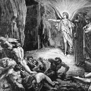 May include: A black and white engraving depicting a winged angel with a halo, standing in a cave opening and pointing towards a group of people huddled together in the shadows. The angel is wearing a long robe and has a stern expression on their face.