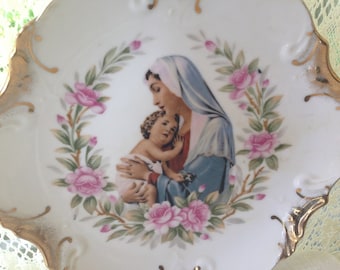 Blessed Mother And Child Plate Mid Century Christian Home Decor Gold Trim Virgin Mary Baby Jesus