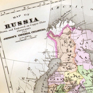 ロシア地図 アンティーク ビクトリア朝 ヴィンテージ 1896 銅版画 地図作成 額装 13.5 x 10.5 インチ