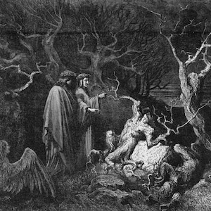 May include: A black and white illustration of two figures standing in a dark forest. The figures are wearing long robes and are surrounded by trees with bare branches. The scene is dark and mysterious, with a sense of foreboding.