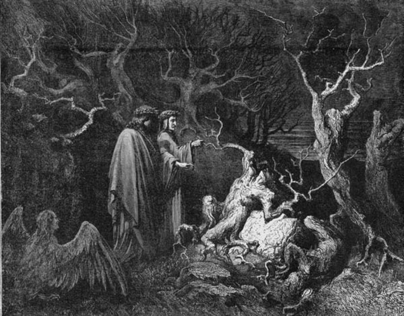 May include: A black and white illustration of two figures standing in a dark forest. The figures are wearing long robes and are surrounded by trees with bare branches. The scene is dark and mysterious, with a sense of foreboding.