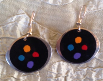 Laurel Burch Earrings PALETTE Cloisonne Dangle French Ear Wires Vintage Jewelry 1980s Gold Filled Black Yellow Red Blue Purple