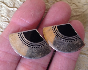 Laurel Burch Earrings FUJI FANS Cloisonne Post Stud Vintage Jewelry 1980s Black & Gold