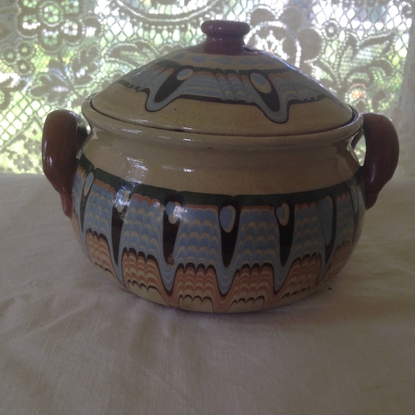 Troyan Bulgaria Slipware Sugar Bowl Covered Baking Dish Vintage Redware Kitchen Storage