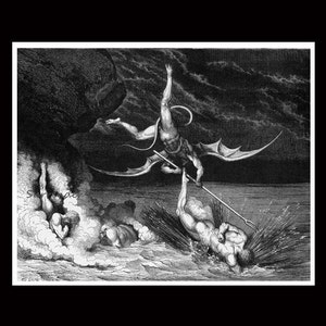 Peut inclure: Une illustration en noir et blanc d'un d&eacute;mon ail&eacute; avec un trident, transper&ccedil;ant un homme dans l'eau. Le d&eacute;mon vole au-dessus de l'eau, et l'homme est submerg&eacute; dans l'eau. Il y a un gros rocher en arri&egrave;re-plan.