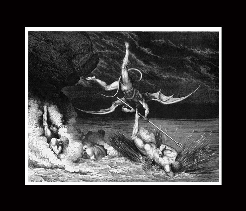 Peut inclure: Une illustration en noir et blanc d'un d&eacute;mon ail&eacute; avec un trident, transper&ccedil;ant un homme dans l'eau. Le d&eacute;mon vole au-dessus de l'eau, et l'homme est submerg&eacute; dans l'eau. Il y a un gros rocher en arri&egrave;re-plan.