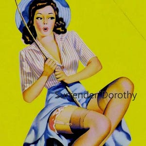Fishing Pole Girl Up Skirt WWI Era Wartime1940s Vintage Brunette Bombshell Cheesecake Man-Cave Poster Art
