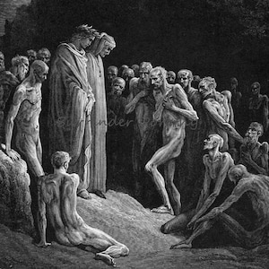 May include: A black and white engraving depicting a group of people, some clothed and some nude, standing in a dark room. Two figures in robes stand in the foreground, one with a hand raised in a gesture of blessing. The scene is reminiscent of a religious painting.