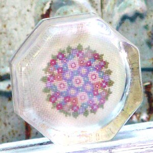 Vintage Petitpoint Glass Paperweight Shabby Chic Home Office 1960s Pink Lilac Green image 2