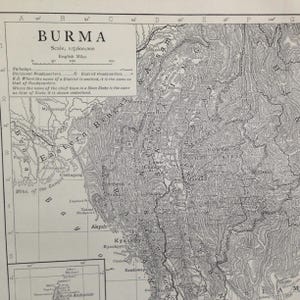 ミャンマー ビルマ地図 1910 ヴィンテージ エドワード朝 スチール彫刻 地図作成 額装