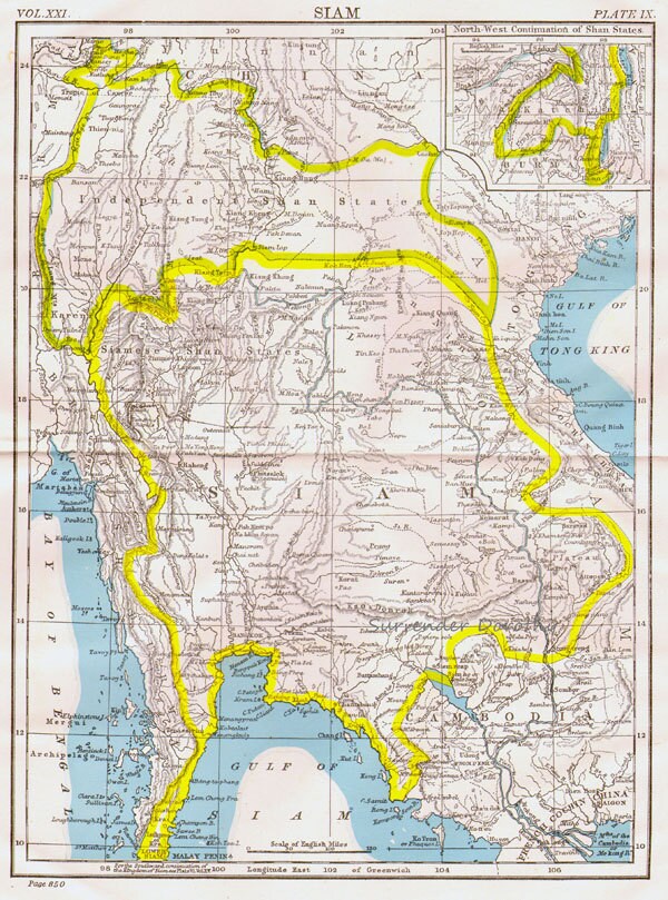 シャム タイ カンボジア 地図 アンティーク 銅版画 アジア地図 1892