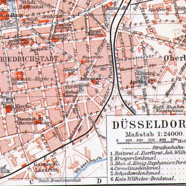 Map Dusseldorf Germany 1906 Vintage Edwardian Era Steel Engraving Cartography To Frame