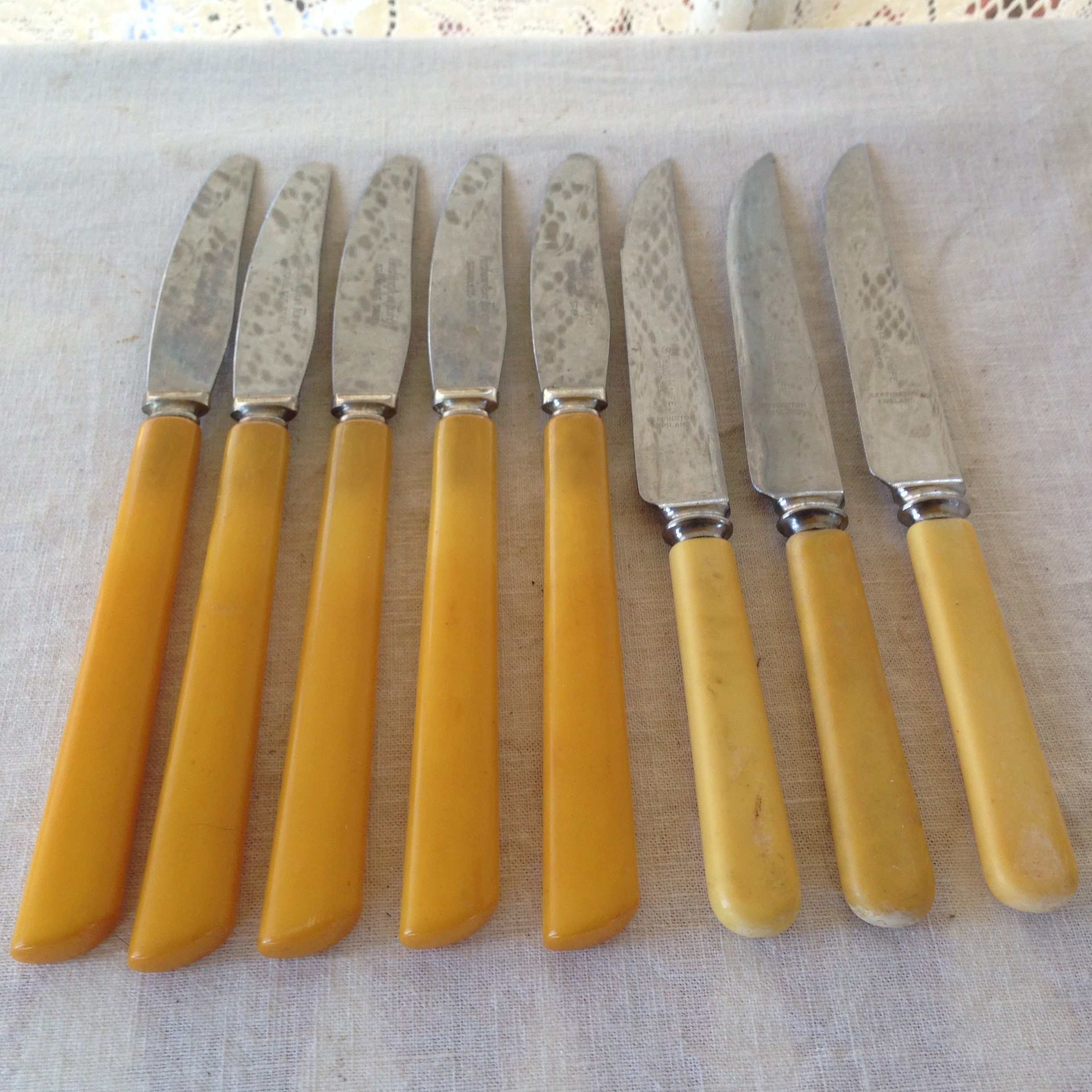 Set of 6 - Vintage Washington Forge USA Steak Knives Yellow Plastic Handles