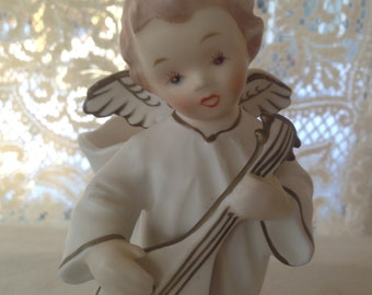 Mandolin Angel Boy Vase Gilded Porcelain Vintage Home Decor Toothbrush Holder 1960s