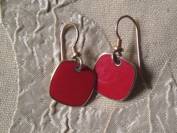 Laurel Burch Earrings LITTLE RED Squares Cloisonn… - image 1