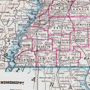 ミシシッピ州地図 米国州 大型アンティーク銅版画 ヴィンテージ 北米地図 1892 ビクトリア朝地理アート 額装