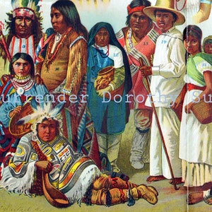 May include: A group of Native American people wearing traditional clothing and headdresses. The people are standing in a line, and some are holding objects. The image is from a vintage book.