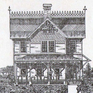Gotische peperkoek Cottage House Plannen Vintage 1881 Antieke Victoriaanse architectuur Print om zwart en wit in te lijsten