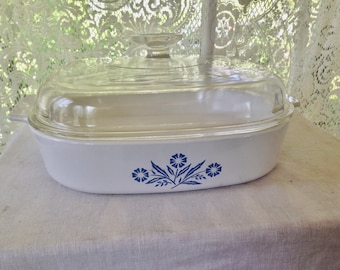 Corning A-24 Covered Casserole Skillet Cornflower Blue Clear Glass Cover 1970s Retro Kitchen Classic USA Stovetop Safe