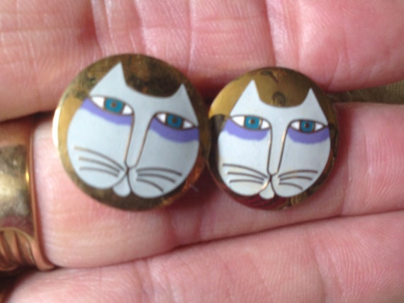Laurel Burch Earrings MOON CAT Cloisonne Stud Pos… - image 3