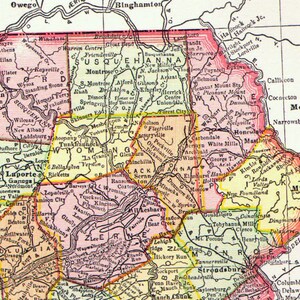Carte de l'état de Pennsylvanie, 1895, Rand McNally, cartographie vintage victorienne, antique pour l'encadrement