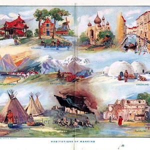 Op de afbeelding: Een vintage illustratie met verschillende wereldwijde woningen. Scènes omvatten Japanse tempels, Nederlandse windmolens, Russische kerken, Italiaanse kanalen, Noorse dorpen, Zwitserse bergen, Groenlandse iglo's, Indiaanse tipi's en Pueblo-woningen. Tekst bevat "Japan", "Holland", "Russia", "Italy", "Norway-Sweden", "Switzerland", "Greenland", "Nowal-Wigwams" en "Pueblos".
