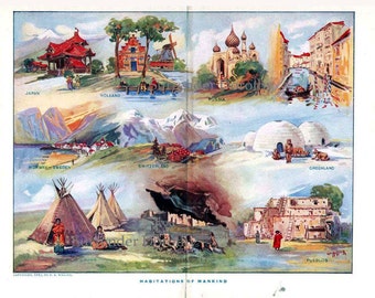 Habitations Of Mankind 1912 Houses Edwardian Cultural Natural History Color Lithograph Chart To Frame