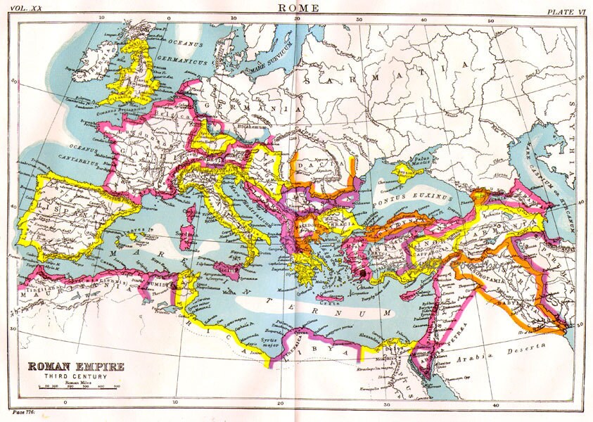 ローマ帝国 3 世紀の地図 アンティーク銅版画 ヨーロッパ地図 1892