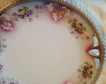 Silesia Porcelain Serving Plate Hand Painted Purple Violets Cutout Handles Signed Gold Trim