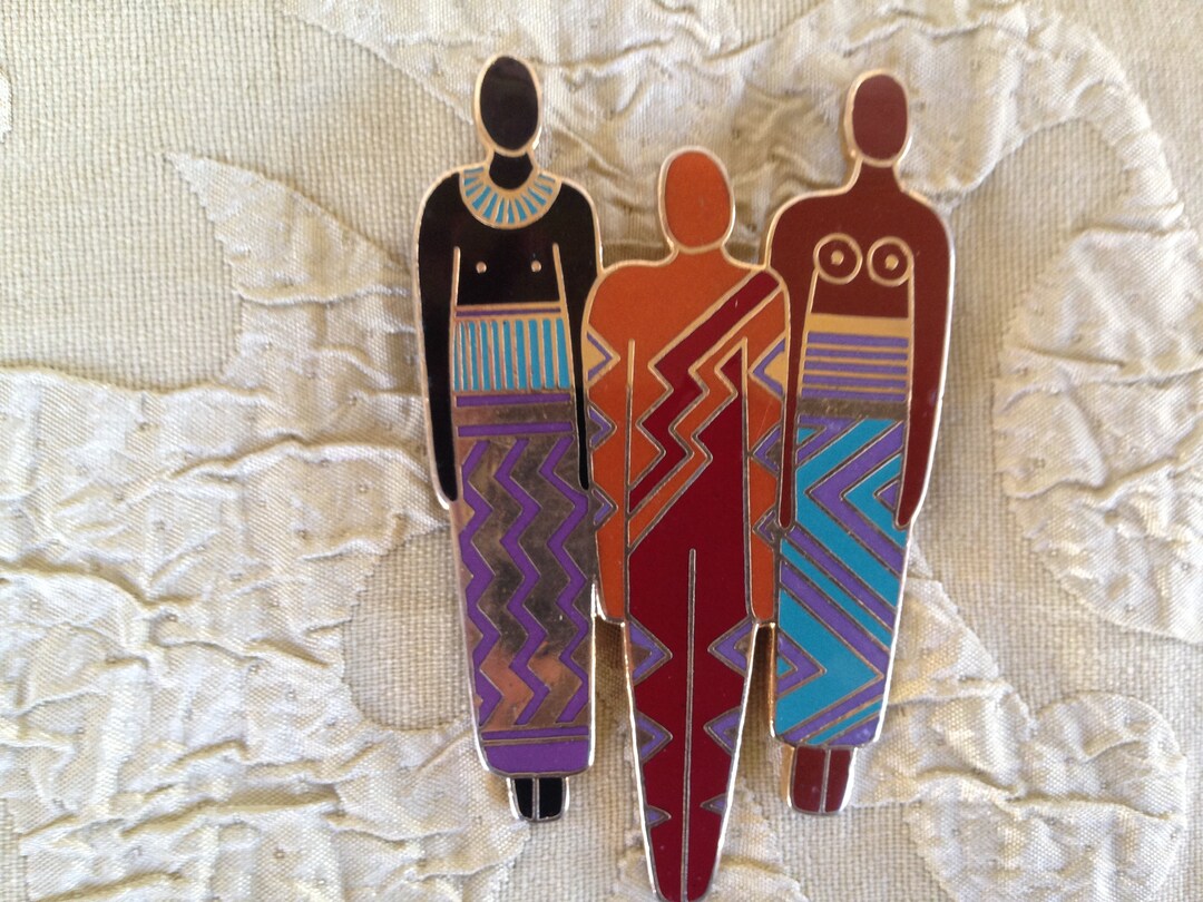 Laurel Burch Pendant TRIBE People Human Trio Cloisonné Art Jewelry RARE