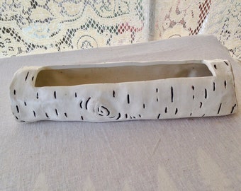 White Birch Ceramic Log Box Succulent Planter Vase 1970s Handmade Vintage Serving Storage Organizer