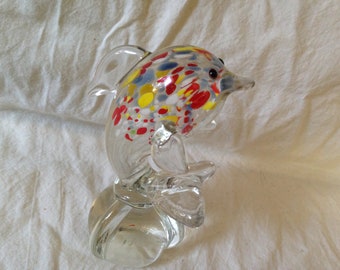 Vintage Dolphin Paperweight Red Yellow White Gray Handmade Lead Crystal 1990s Home Decor Paper Weight