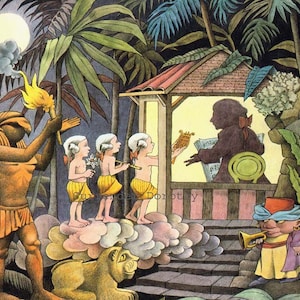 May include: A colorful illustration of a scene from a children's book. Three children with white wigs and yellow skirts stand on a cloud, playing musical instruments. A large, golden bird-like creature with a torch stands to the left. A lion sits on the ground below the cloud. A small, turban-wearing figure plays a trumpet in the foreground. The scene is set in a jungle with lush green foliage and a moon in the background.