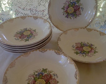 Sheffield China Salad Pasta Bowl Soup Plate Set 8 EIGHT Floral Gold Filigree Trim 1940s USA Vintage Kitchen Dining Country Cottage WWII Era