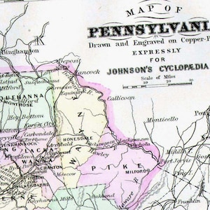 Pennsylvania Kaart 1896 Grote antieke kopergravure Vintage Victoriaanse USA State Map om 10,75 x 13,5 inch in te kaderen