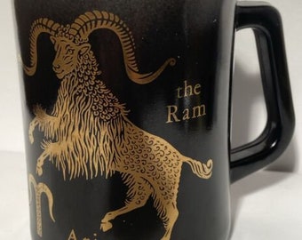 Aries The Ram Zodiac Mug  Federal Glass Black & Gold Over Pearl Gray Vintage Astrology 1970s Retro Coffee Cup Vintage Kitchen Ware