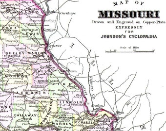 Mapa Missouri USA Stan 1896 Duża wiktoriańska antyczna miedziorytnicza kartografia w ramie 13,5 x 10,5 cala